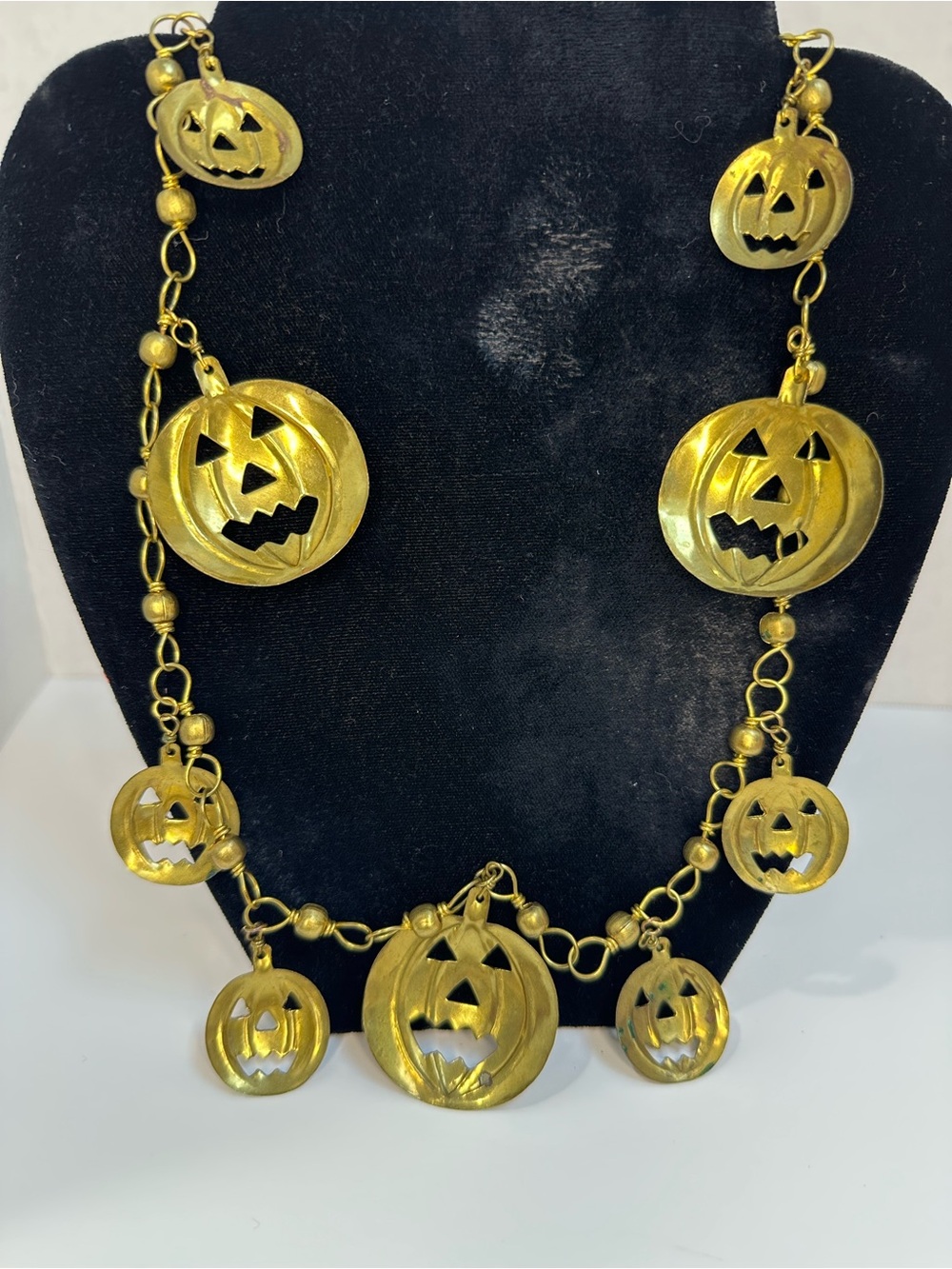 Vintage Brass Pumpkin Charm Necklace - Women Jewelry 16” - Picture 5 of 9